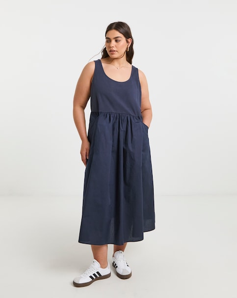Navy Jersey Poplin Mix Apron Dress With Pockets