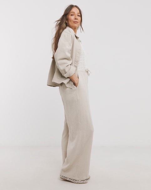 Pure Cotton Textured Pull On Wide Leg Trousers