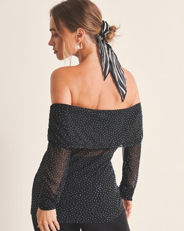Black Hot Fix Mesh Bardot Top