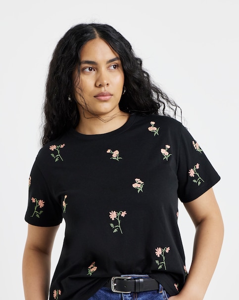 Simply Be Black & Pink Embroidered Ditsy Flower T-Shirt