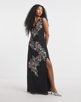 Maya Curve Floral Embellished Front Split Maxi Dress