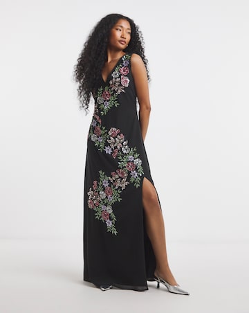Maya Curve Floral Embellished Front Split Maxi Dress