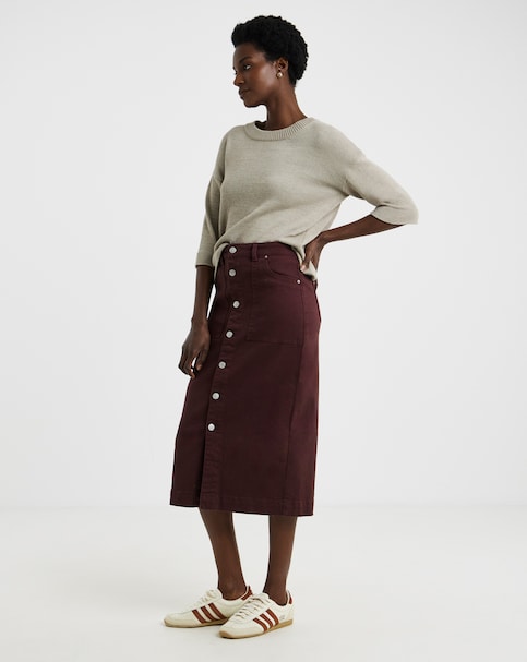 Burgundy Button Through Denim Midi Skirt