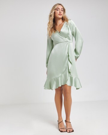 Flounce London Sage Green Heavy Satin Balloon Sleeve Mini Dress