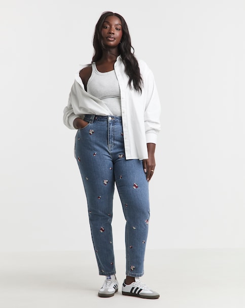 Simply Be Mid Blue Floral Embroidered Slim Mom Jeans