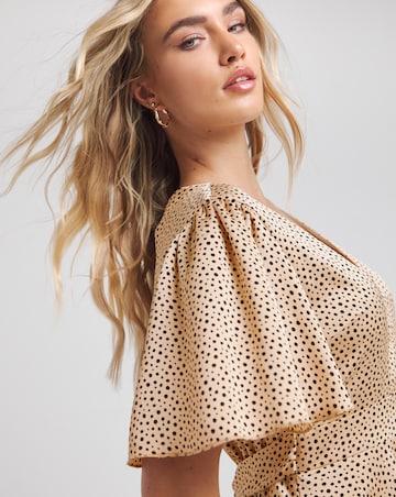 Flounce London Camel Black Spot Satin Tiered Maxi Dress