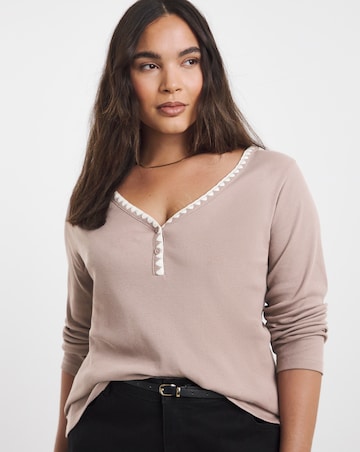 Simply Be Mocha Ribbed Henley Top with Whipstitching