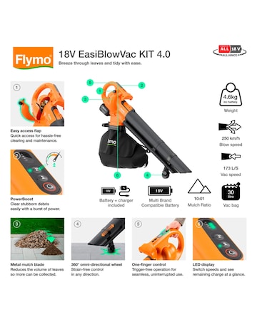 Flymo 18V EasiBlowVac Leaf Blower & Vacuum 4.0Ah Battery & Charger