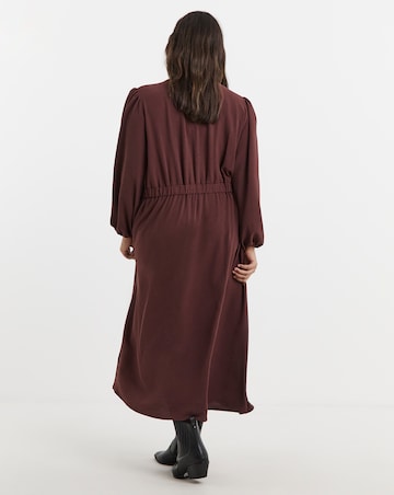 Burgundy Cinched Waist Midi Dress With Pockets