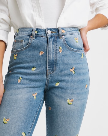 Mid Blue Fruit Embroidered Slim Mom Jeans