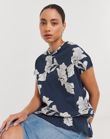 Navy Floral Value Cotton Short Sleeve Drawcord Bubble Hem Top