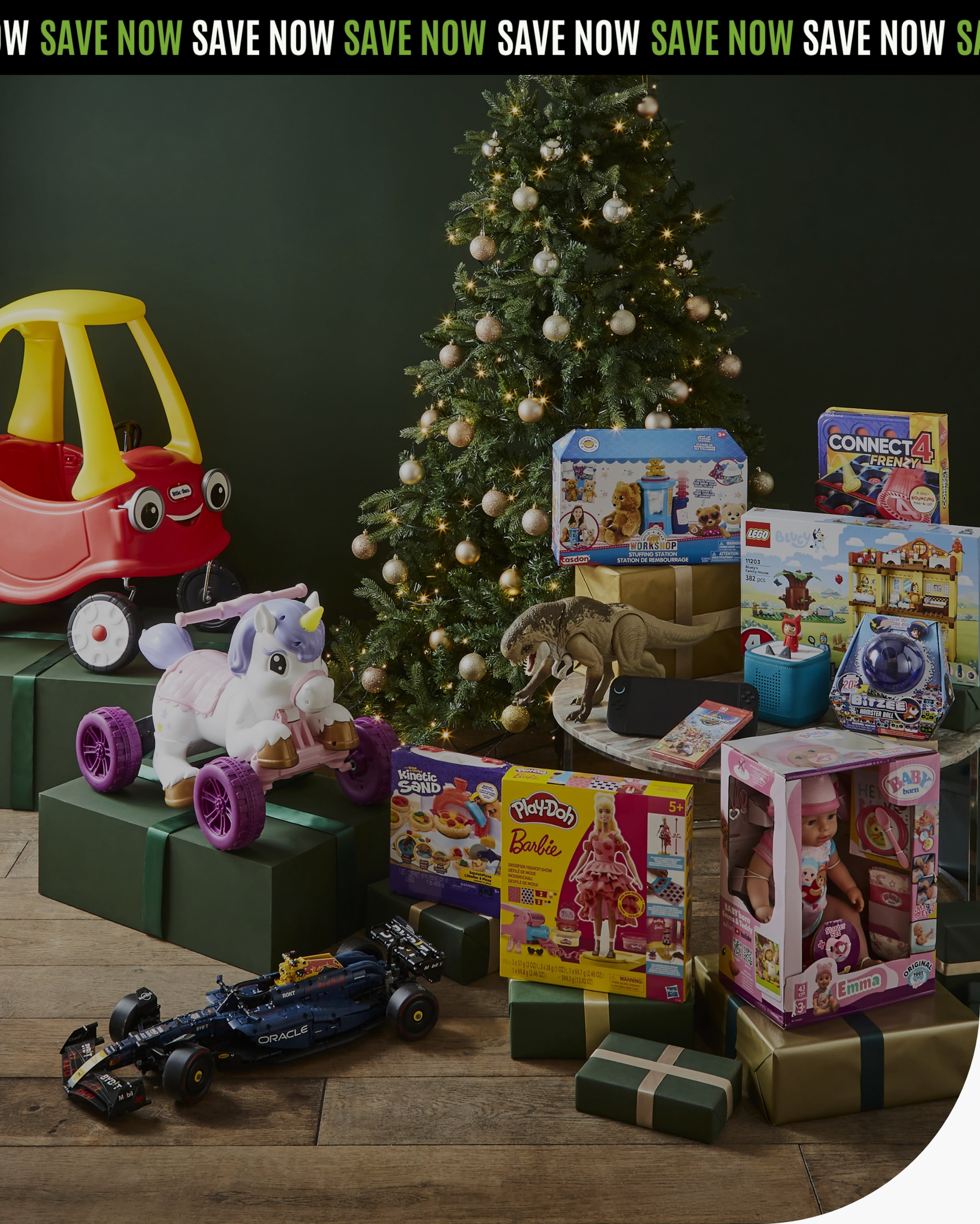 Assortment of Toys and Christmas Tree Background