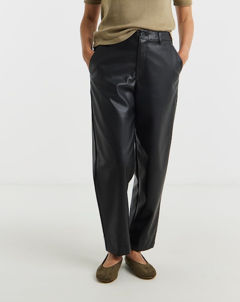 Black PU Button Barrel Leg Trouser