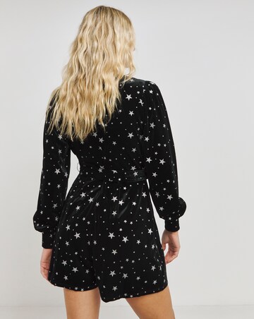 Black Velour Star Print Tie Waist Playsuit