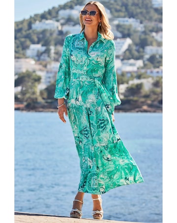 Sosandar Green Paisley Print Tiered Hem Maxi Shirt Dress