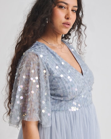 Maya Curve V Neck Delicate Disc Sequin Tulle Maxi Dress