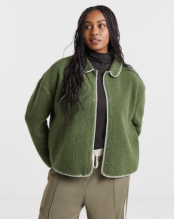 Khaki & Cream Whipstitch Borg Button Through