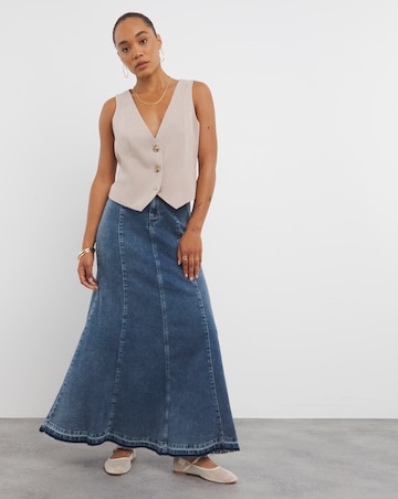 Mid Wash Fit and Flare Denim Maxi Skirt