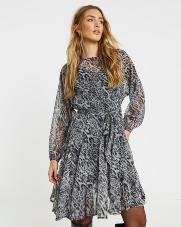 Simply Be Grey Leopard Skater Dress with Godet And Waist Tie Detail
