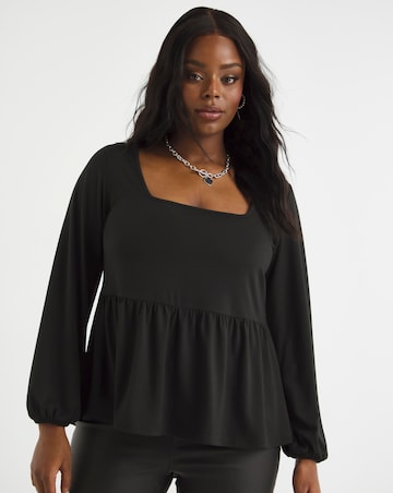 Black Supersoft Square Neck Peplum Top