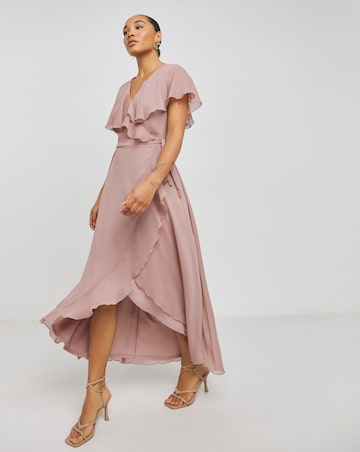 Pink Frill Chiffon Wrap Maxi Dress