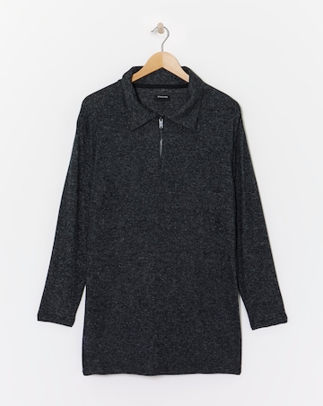 Collared Zip Front Long Sleeve Soft Touch Longline Top