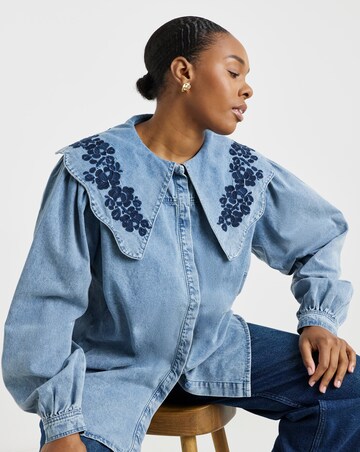 Mid Wash Puff Sleeve Denim Blouse with Embroidered Collar