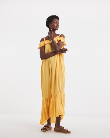 Frill Detail Bardot Crinkle Dress