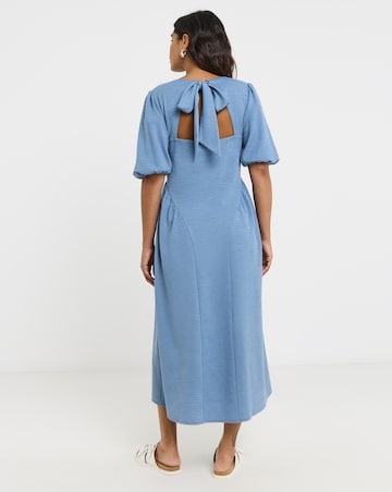Blue Textured Jersey Midi Dress With Waist Detail