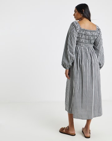 Simply Be Floral Embroidered Mono Gingham Shirred Midi Dress