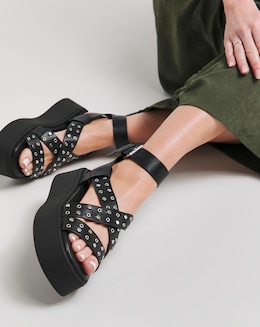 Simply Be Ruby Studded Cross Strap Flatform Sandals - Wide Fit (E)