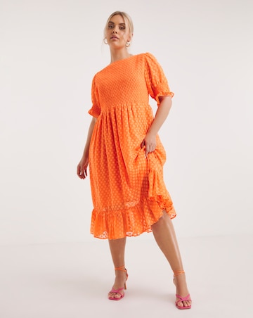 Orange Jacquard Midi Dress With Puff Sleeves