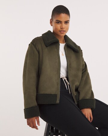 Khaki Zip Through Suedette Aviator