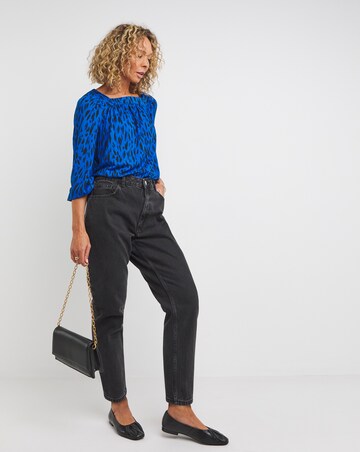 Blue Animal Print Three Quarter Sleeve Square Neck Swing Top