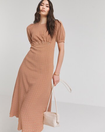 Nobody's Child Brown Geometric Print Puff Sleeve Bonnie Midi Dress