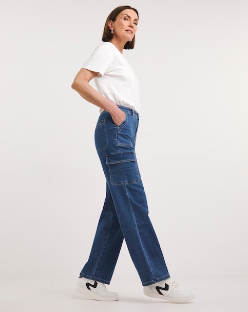 Mid Wash Cargo Straight Leg Jeans