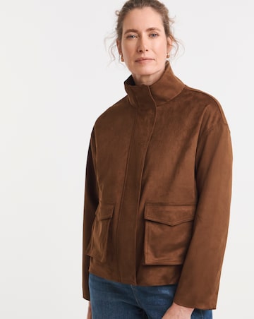 Tan Suedette Funnel Neck Relaxed Fit Jacket