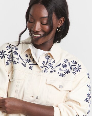 Simply Be Ecru Floral Embroidered Denim Boyfriend Jacket