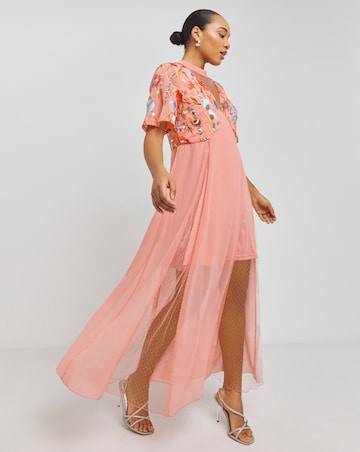 Boutique Peach Floral Angel Sleeve Embroidered Maxi Dress