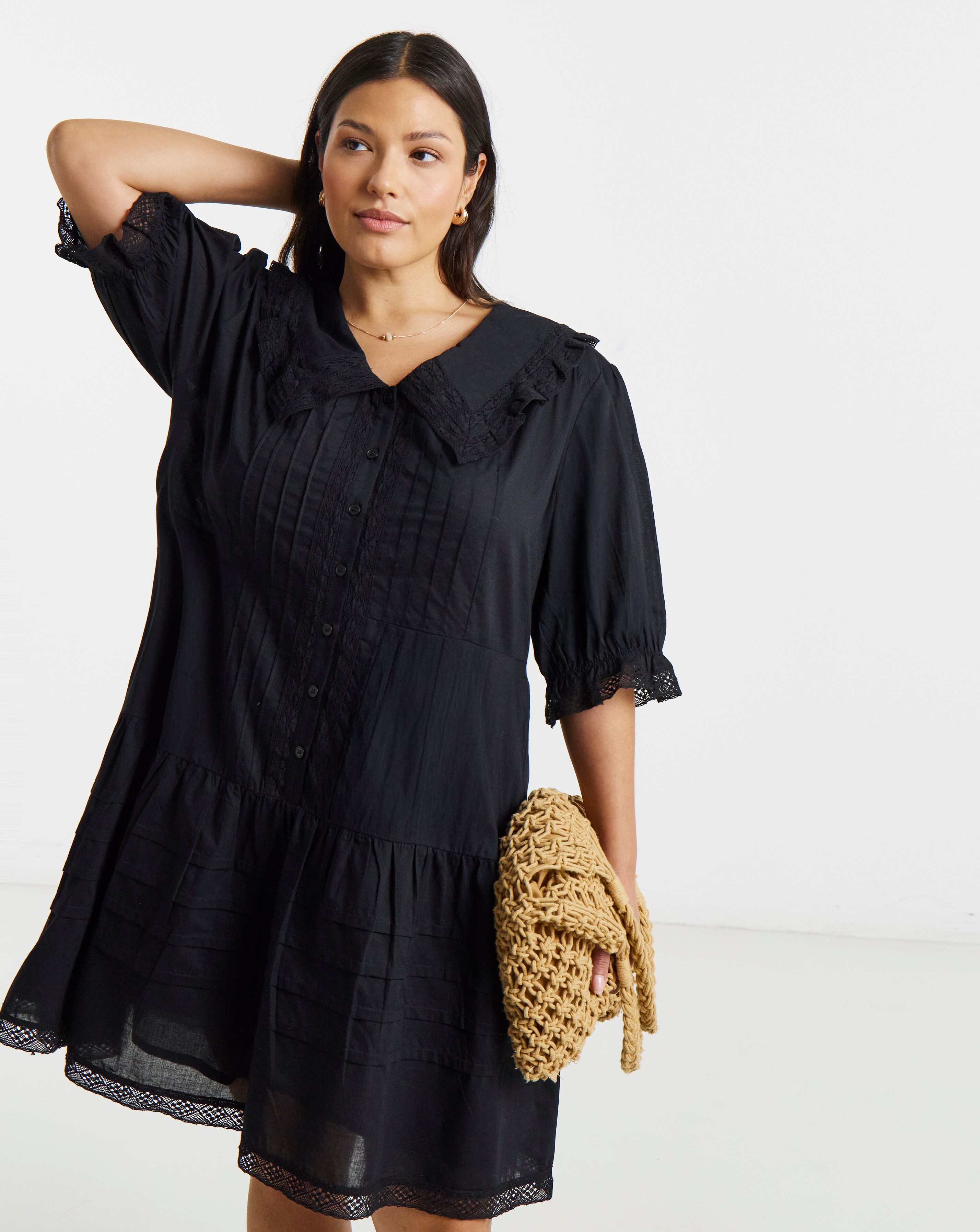 Black Collar Detail Smock Dress