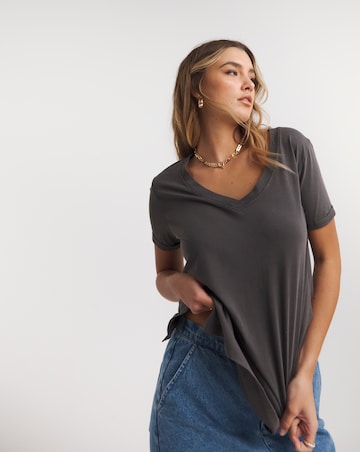 Acid Wash Longline Tunic Side Split V Neck T-Shirt