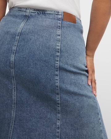 Mid Wash Fit and Flare Denim Maxi Skirt