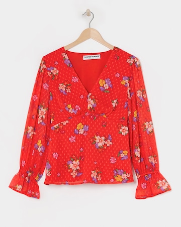 Twisted Wunder Red Floral Dobby Chiffon Frill Sleeve Blouse