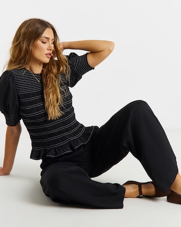 Black Tie Waist Linen Mix Wide Leg Trousers