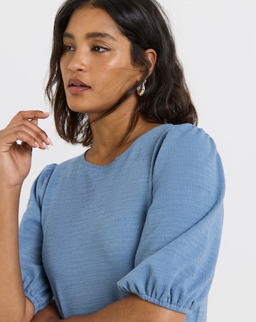 Blue Textured Jersey Midi Dress With Waist Detail