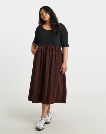 Simply Be Black and Chocolate Jersey Woven Mix Midi Dress With Pockets