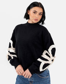 Lovedrobe Black Jumper With Satin Squiggle Applique On Sleeves