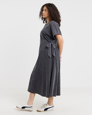 Grey Acid Wash Tie Side Midi Dress