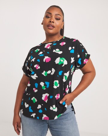 Black Animal Print Dip Back Boxy Top With Roll Sleeve