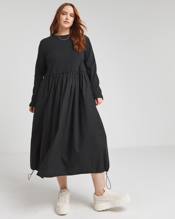 Black Jersey Poplin Mix Long Sleeve Midi Dress With Pockets | Fashion World